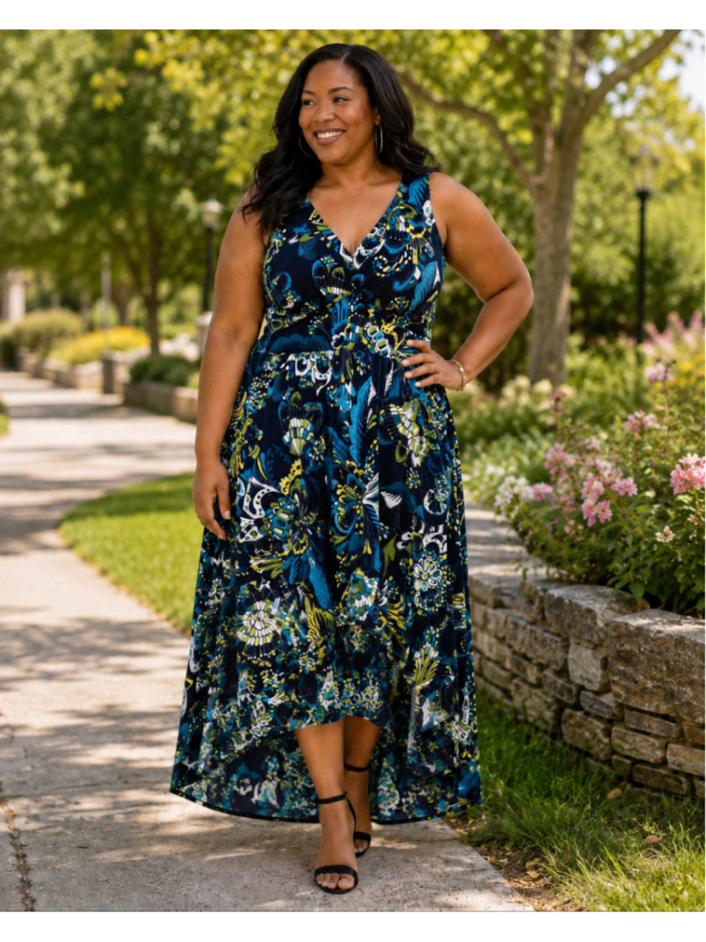Ashley Stewart Women Navy Blue Green Yellow Floral High Low Maxi Dress Plus 2X